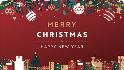 Naklejka premium クリスマスオーナメントとプレゼントボックスで飾られたクリスマスの背景テンプレート（赤） Christmas background template decorated with Christmas ornaments and gift boxes (red)