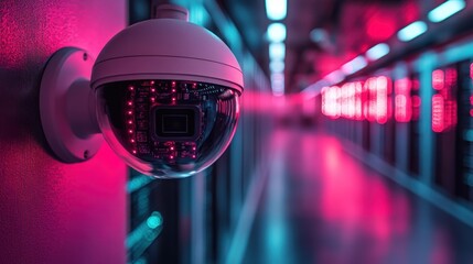 Security camera in a server room lit by vibrant neon