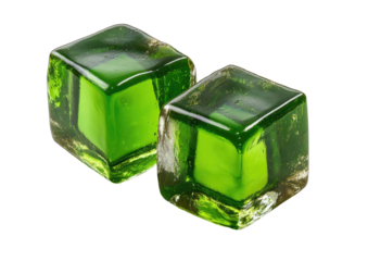 Two green, transparent cubes. Backlit. Shiny, glassy