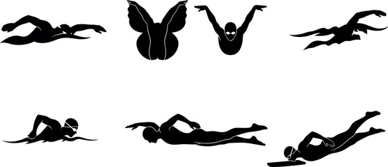 Swimmer silhouettes, competitive strokes, freestyle butterfly backstroke breaststroke motion illustration for sports training – flavector