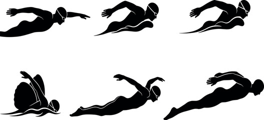 Swimmer silhouettes, freestyle butterfly breaststroke poses, competitive swimming motion illustration for sports training design – flavector