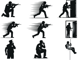 Tactical silhouette poses, armed personnel action, military police training illustration for combat, security, strategy – flavector