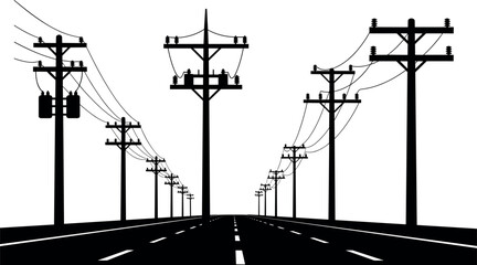 Symmetrical road with utility poles and power lines in perspective &ndash; infrastructure depth scene &ndash; flavector