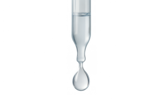 Clear liquid drop slowly falling from a transparent glass dropper, representing science, cosmetic, and medical concepts