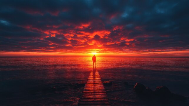Silhouette figure on pier at fiery sunset