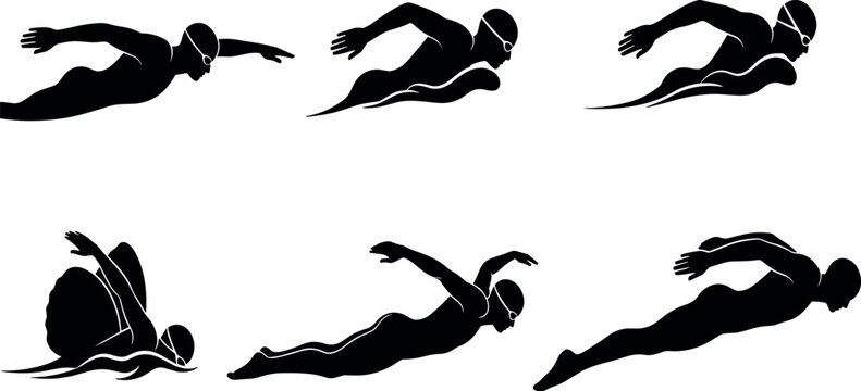 Swimmer silhouettes, freestyle butterfly breaststroke poses, competitive swimming motion illustration for sports training design – flavector