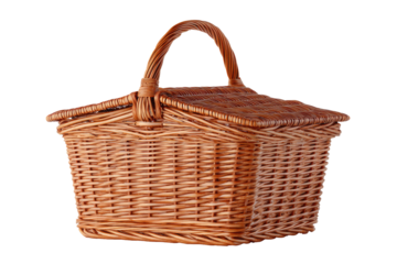 Woven basket with curved handle and lid on black background