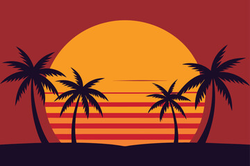 Retro tropical sunset with palm trees silhouette art Vector