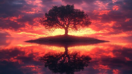 Obraz premium Silhouetted tree on island, fiery sunset reflection