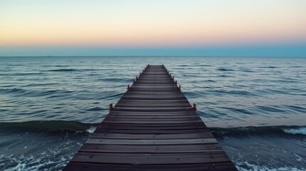 Pier into the horizon: An old wooden pier stretches gracefully into the ocean under a serene, colorful sky, creating a scene of tranquility and endless possibility.