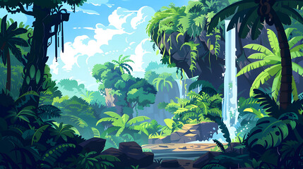 Lush jungle paradise beckons with vibrant greenery, inviting exploration and adventure in this captivating tropical landscape with refreshing waterfall
