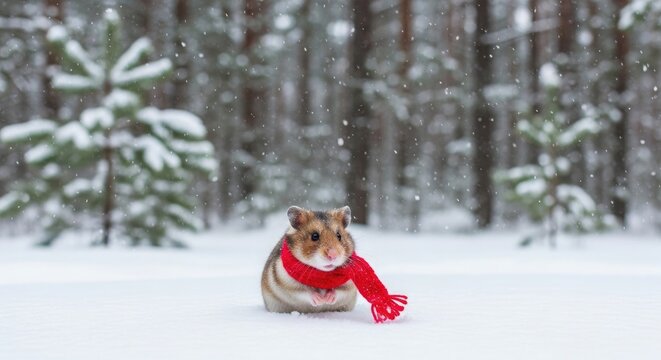 Hamster wearing red scarf in snowy forest rodent animal - Powered by Adobe