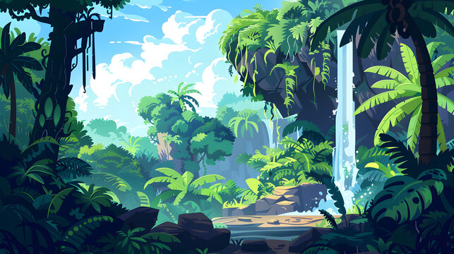 Lush jungle paradise beckons with vibrant greenery, inviting exploration and adventure in this captivating tropical landscape with refreshing waterfall