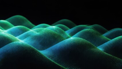 Abstract Green and Blue Wavy Landscape on Black Background.