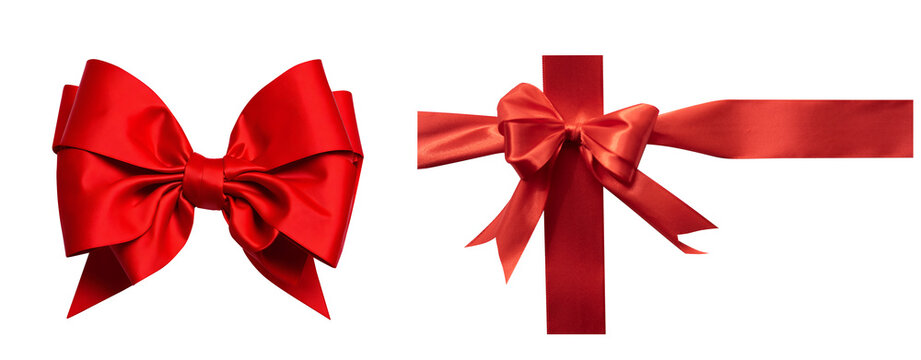 set of red bow and ribbons isolated on transparent background 