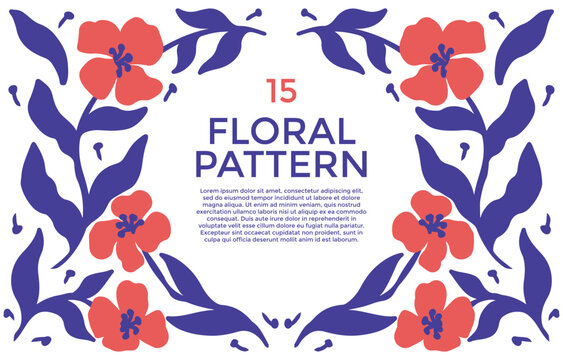 A decorative floral pattern featuring stylized red flowers and blue leaves arranged symmetrically around a central text area.