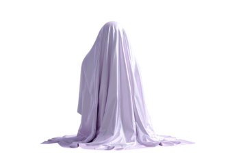 Sheet-covered form standing, lavender hue