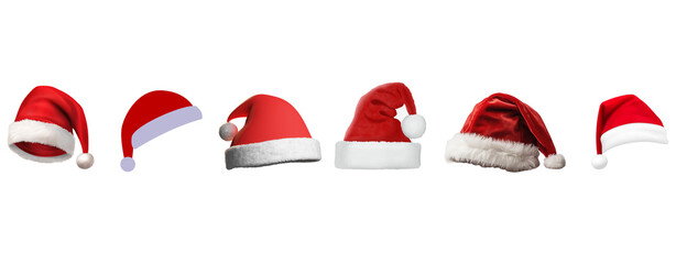 set of santa claus hats red color isolated on transparent background