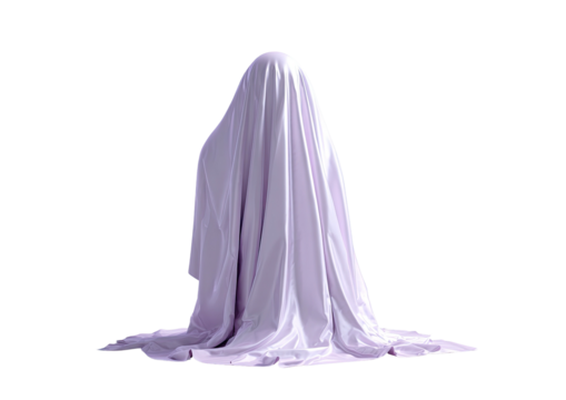 Sheet-covered form standing, lavender hue