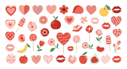 A collection of Valentine's Day themed illustrations featuring hearts, lips, fruits, and flowers.