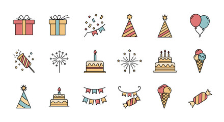 Collection of flat design icons representing various birthday party elements and treats.