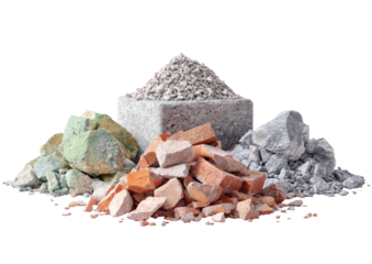 Stone/brick chunks. Texture contrast. Isolated. Heap