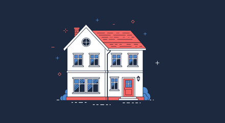 Clean and simple illustration of a two-story house with a red roof and blue windows on a dark blue background.