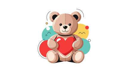 Cute cartoon teddy bear holding a red heart with colorful abstract shapes in the background.