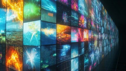 Montage digital media wall displays diverse renewable energy sources and innovations in sustainability, Montage Digital Media Wall Renewable Energy Sources - Powered by Adobe