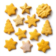 Assorted Christmas cookies,  yellow,  various shapes,  star, snowflake,  tree,  top view