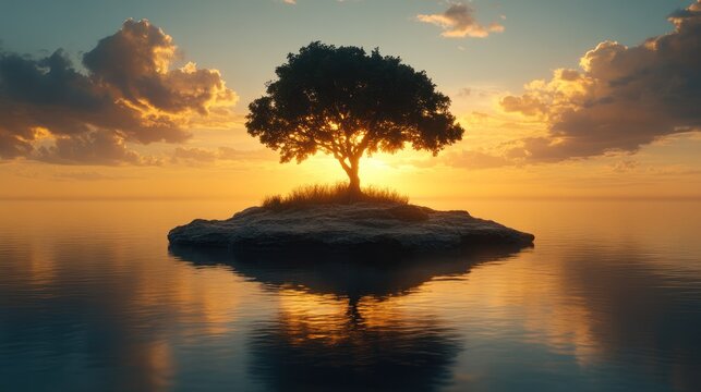 Solitary tree on tranquil island at sunset