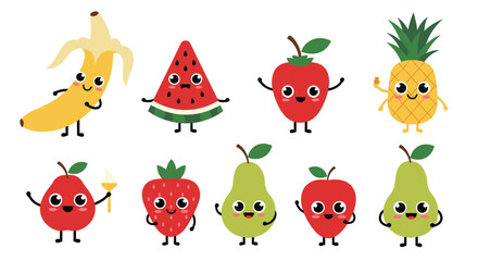 Cute cartoon fruits with faces, smiling and waving in a playful pattern.