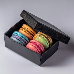 Colorful macarons in a black gift box