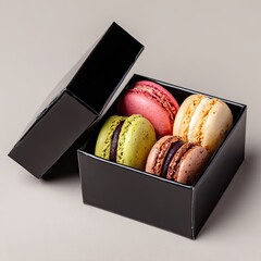 Four colorful macarons in a black gift box (1)