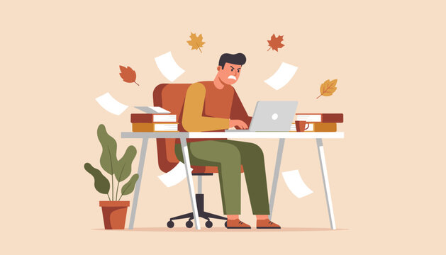 Angry stressed man working hard at a messy office desk Deadline pressure and autumn workload concept