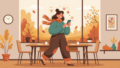 Smiling woman scrolls phone indoors Social media icons float in a cozy room overlooking autumn trees