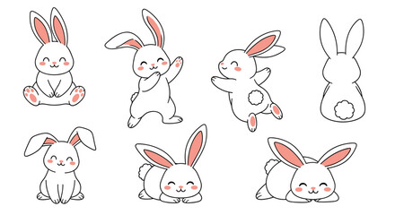 Collection of cute white cartoon bunnies with pink inner ears in various poses.