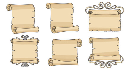 A collection of six vintage-style parchment scrolls, some with decorative flourishes.