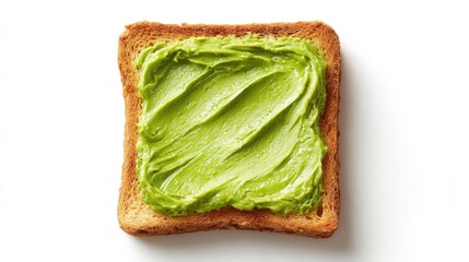 Square slice of toast topped with a spread of light green, textured, creamy substance