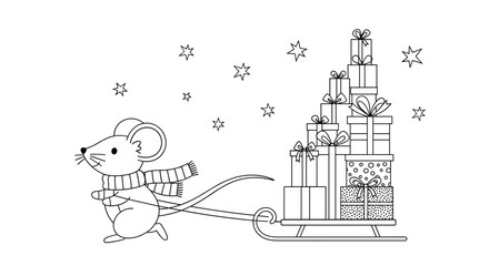 Cute mouse wearing a scarf pulls a sleigh piled high with Christmas presents through a starry night.