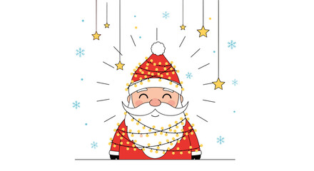 Cute cartoon Santa Claus decorated with festive Christmas lights and stars on a white background.