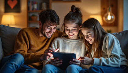 Friends enjoying time together while using a tablet in a cozy living room
