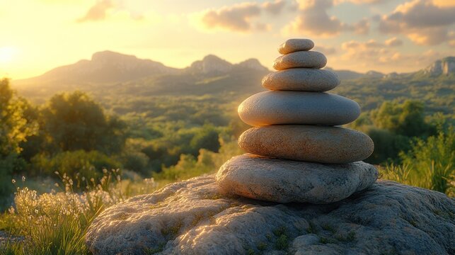 Stacked stones atop a rock, serene mountain landscape at sunrise