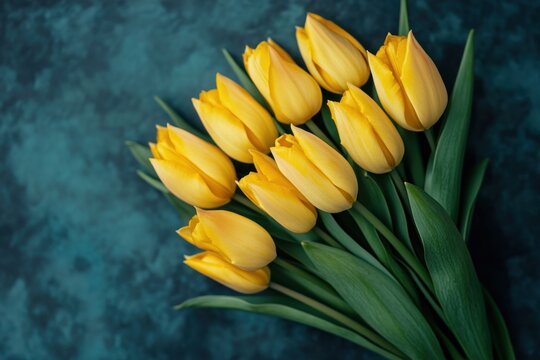 A vibrant bouquet of yellow tulips arranged in a fan-like shape against a dark blue background.