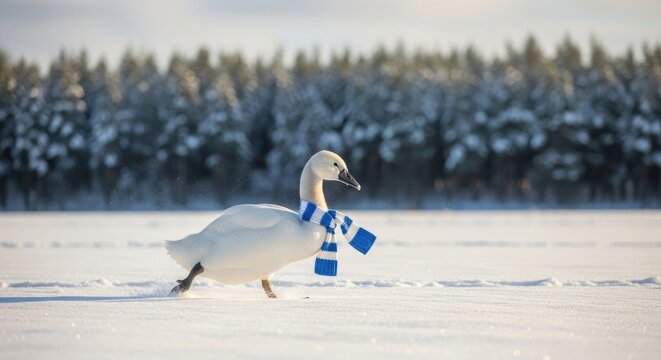 White swan wearing blue striped scarf in snowy landscape