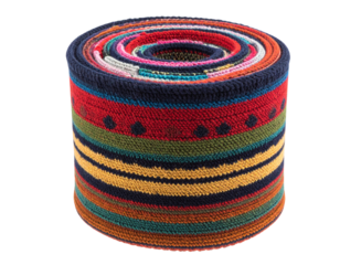 Hindi Colorful Striped Woolen Fabric Rolled, Top-Down View, Texture Highlighted, Isolated