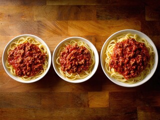 Three bowls of spaghetti with meat sauce, arranged in a row on a wooden surface