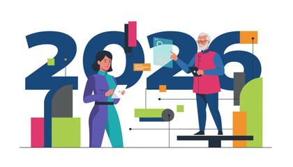 Business planning for 2026 Professionals analyzing futuristic data charts and technology