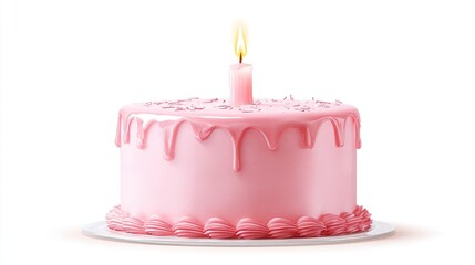Pink birthday cake with dripping icing and a lit candle