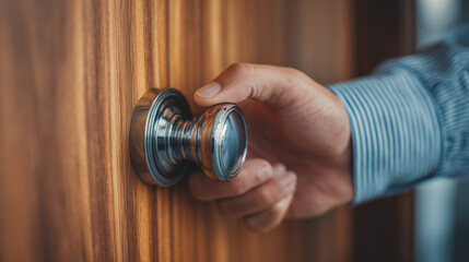 Close up photo of a human hand turning a metallic door knob, showing touch and movement. Concept of access, privacy, security, and everyday indoor lifestyle.